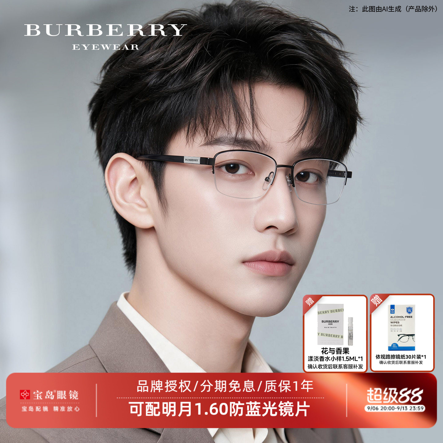 BURBERRY博柏利眼镜架钛合金方框男士半框商务可配近视镜0BE1288
