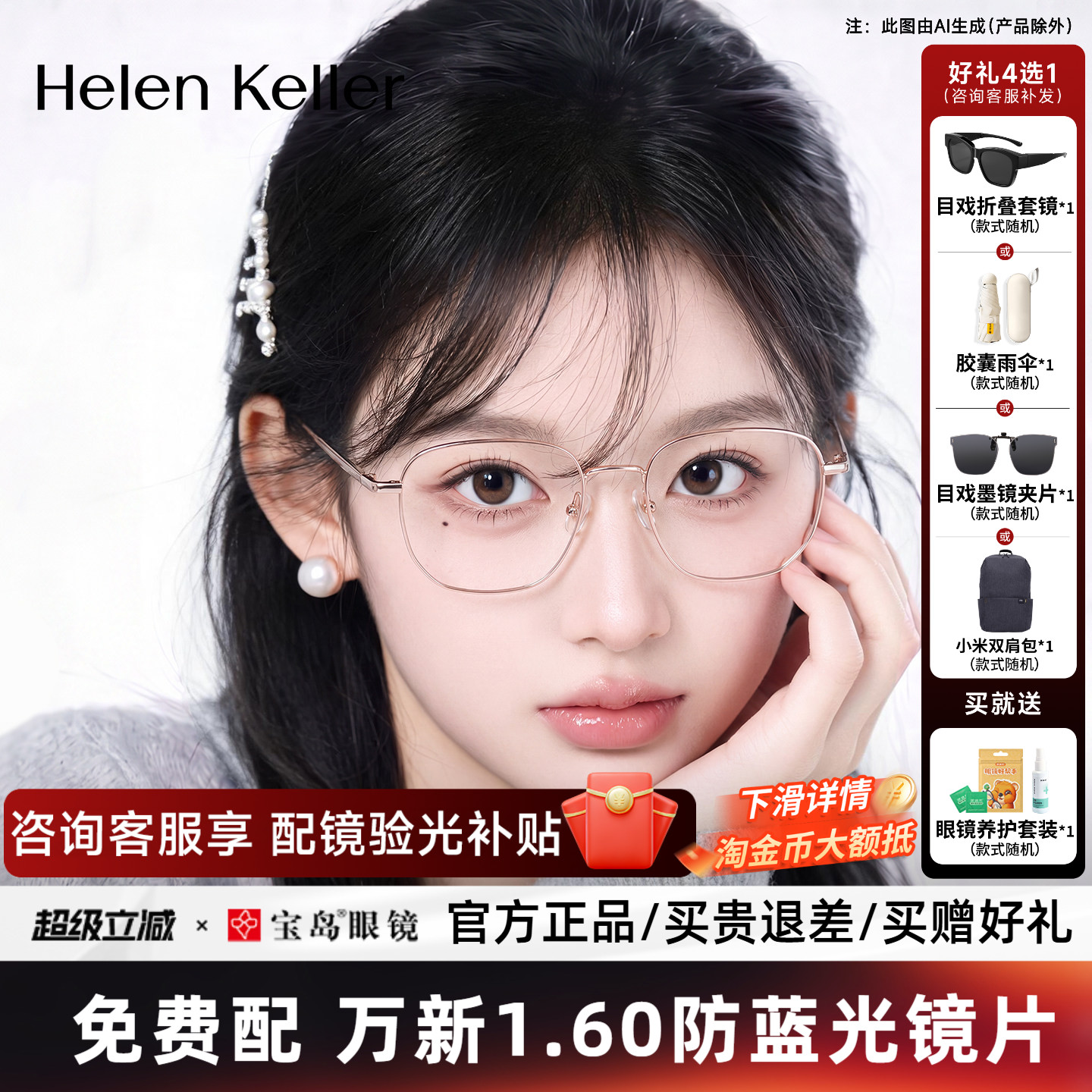海伦凯勒近视眼镜框方框修颜细框男女可配度数镜片光学镜架H82104