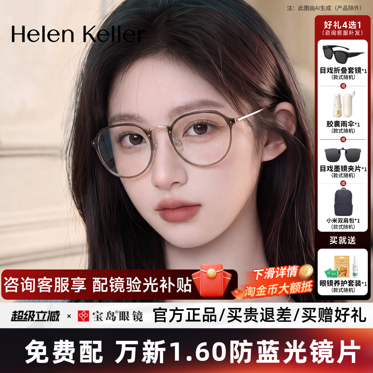 海伦凯勒冷茶色素颜近视眼镜框女可选蔡司镜片可配度数镜架H9214