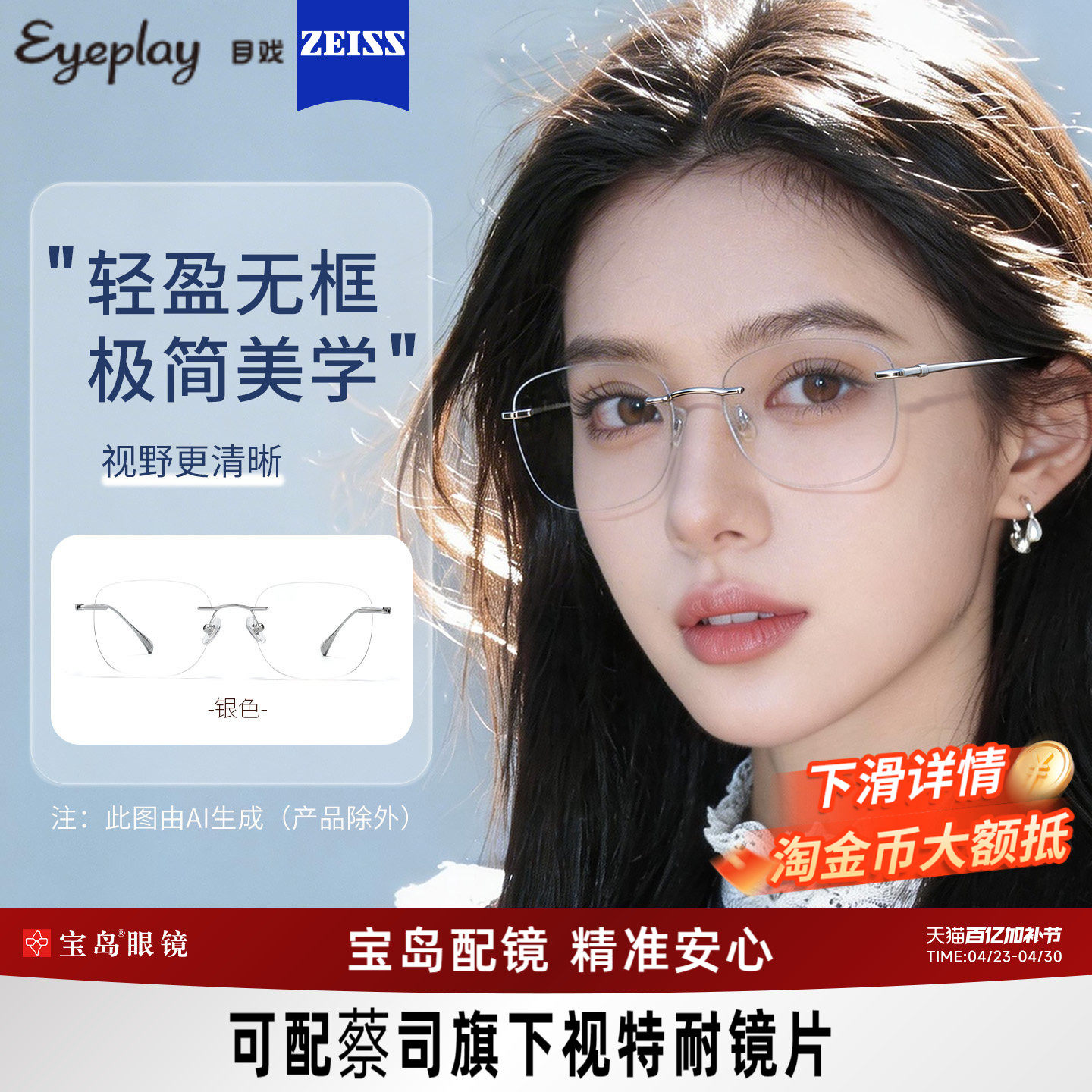 目戏无框眼镜女近视可配度数可选蔡司镜片无边框眼镜框镜架23006