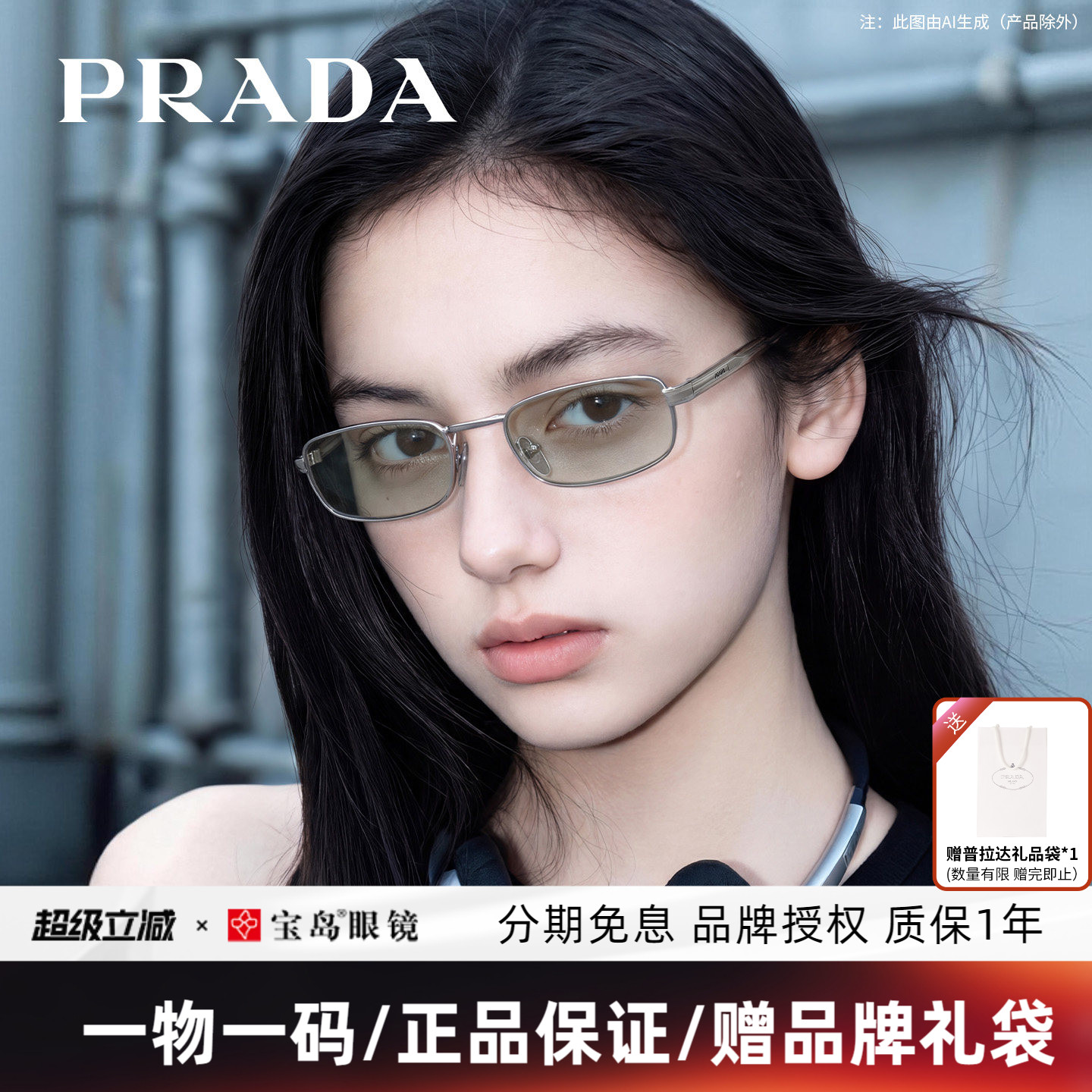 PRADA普拉达墨镜男女时尚复古小框太阳镜潮流方框太阳眼镜B54S