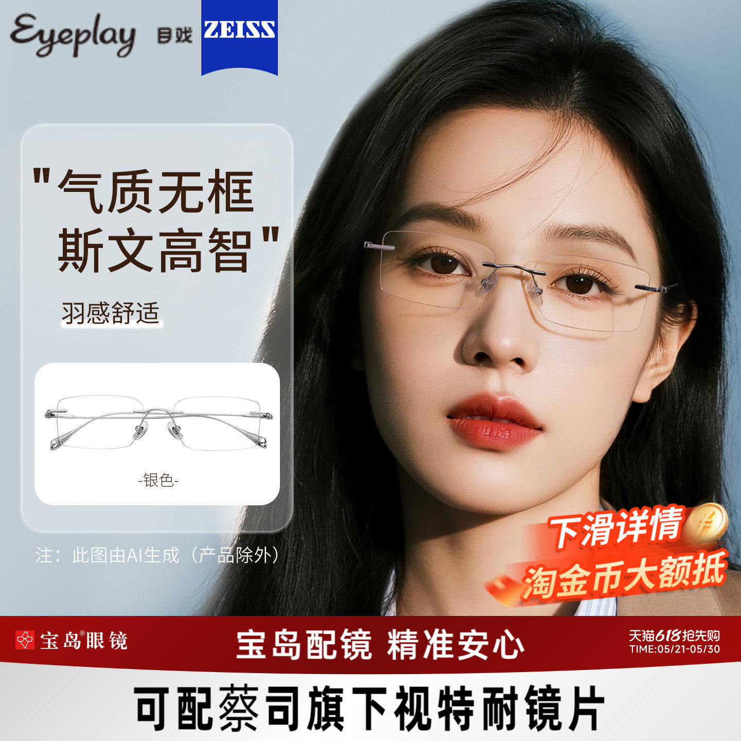 目戏无边框近视眼镜女可配度数可选蔡司镜片无框眼镜框镜架23005