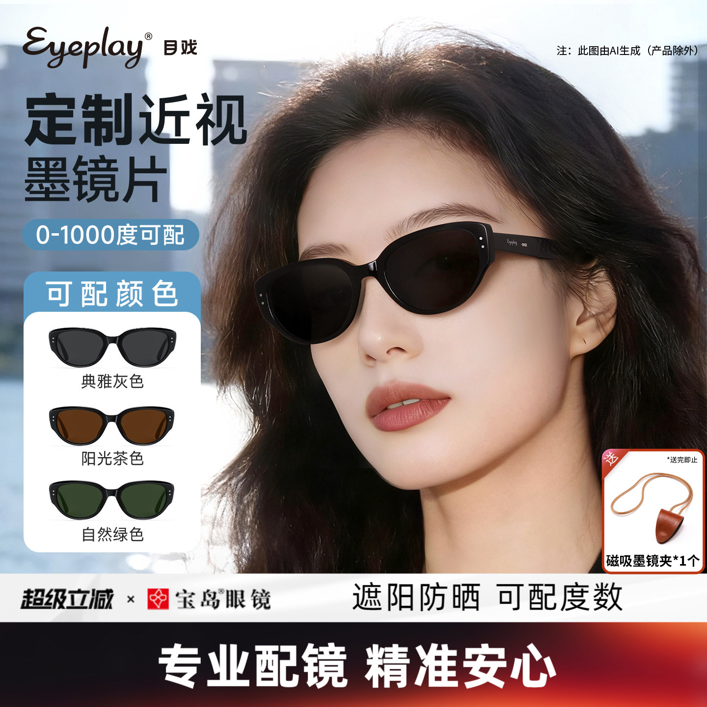 目戏定制太阳镜女款带度数方圆脸猫眼太阳眼镜近视墨镜女可配度数