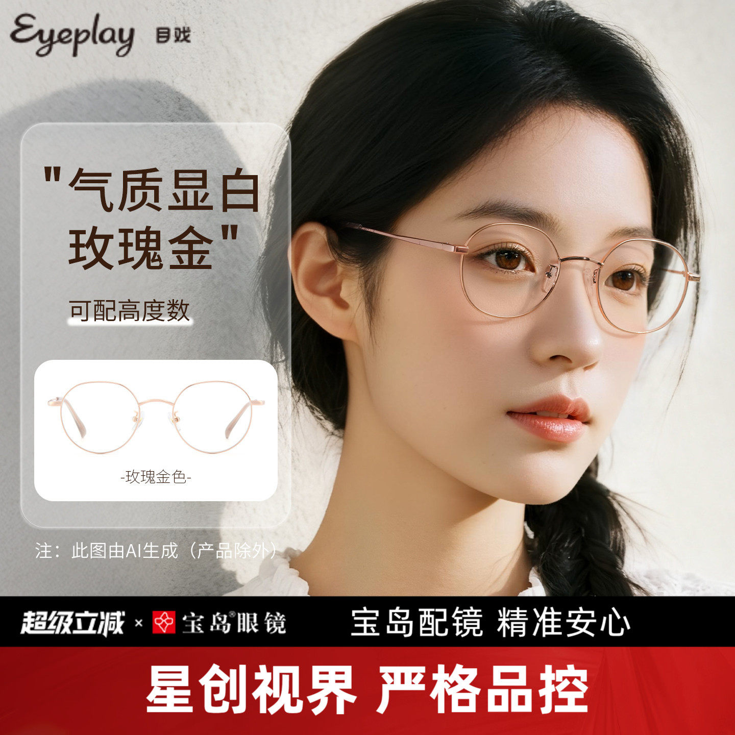 目戏近视眼镜小框圆框可配度数可选防蓝光镜片眼镜框镜架女1045