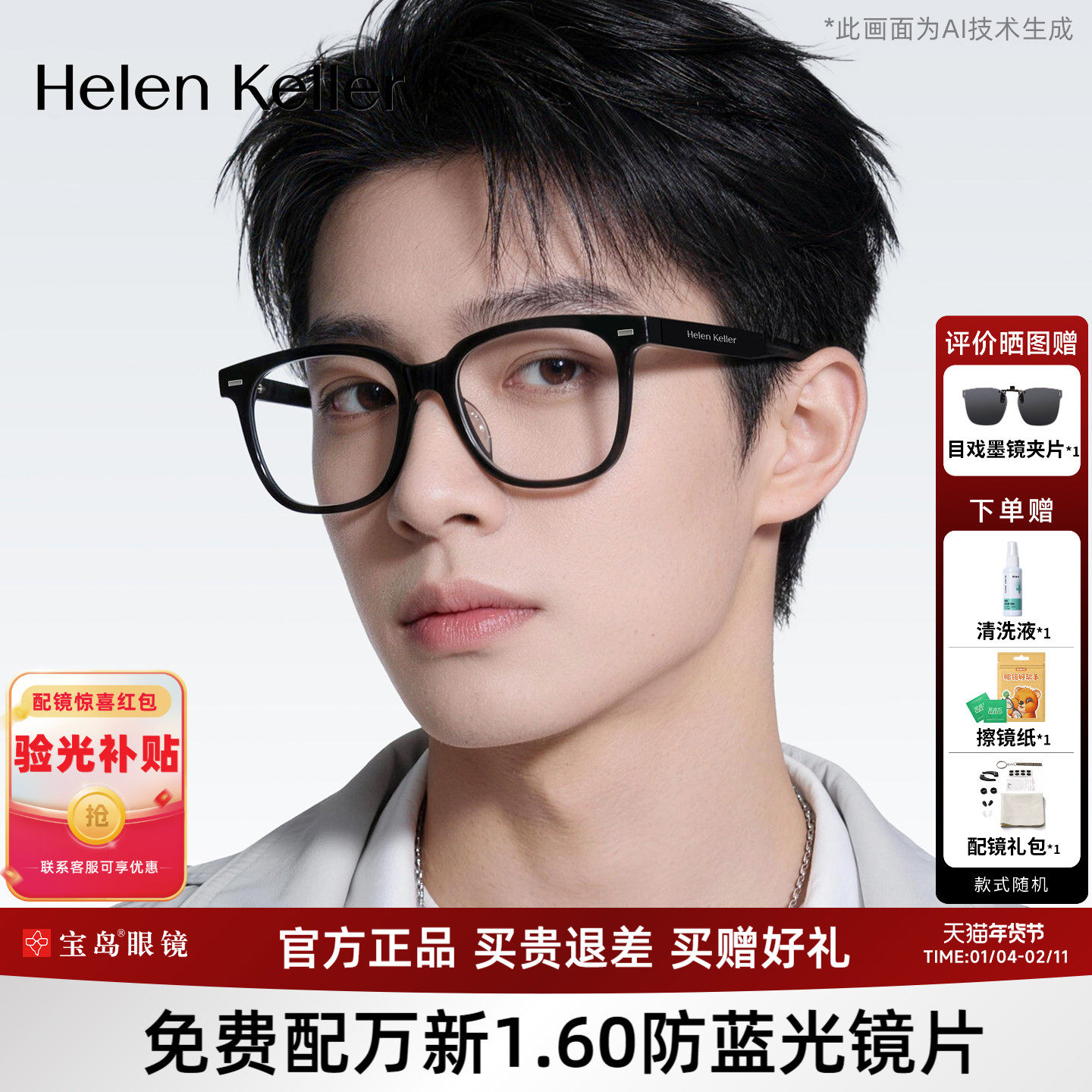 海伦凯勒近视眼镜架王一博同款男素颜黑框眼镜框女可配度数H87017