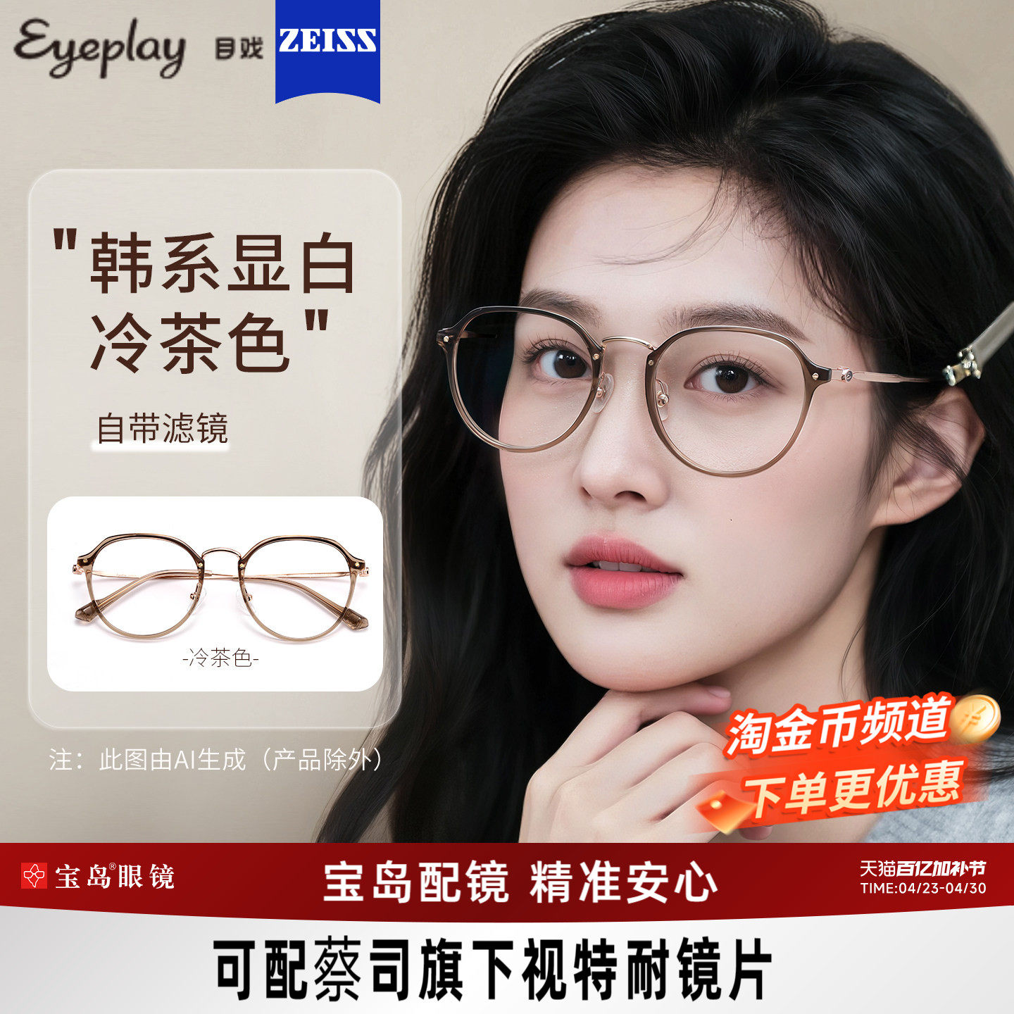 目戏冷茶色眼镜近视女可配度数可选蔡司防蓝光镜片眼镜框镜架5018