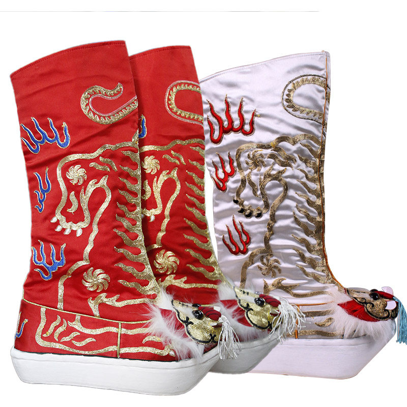 戏曲京剧川剧变脸靴子虎头靴全金刺绣武生戏靴三义斋纸底高靴朝靴