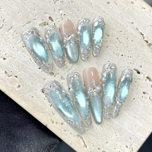 蓝色猫眼中长短款白纯手工穿戴甲