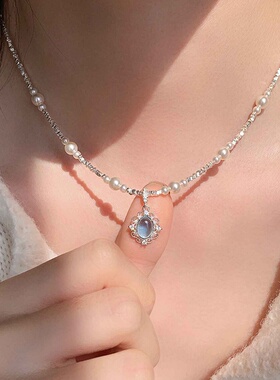 珍珠海蓝宝碎银项链女小众百搭