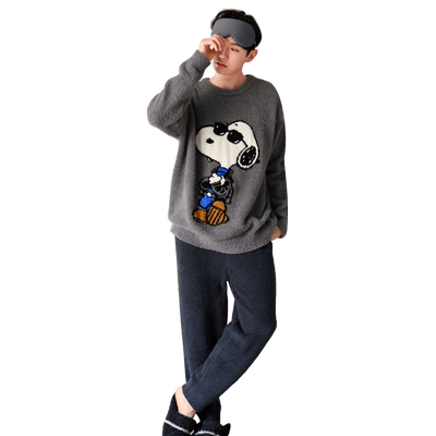 贝妍冬史努比男士保暖半边绒睡衣