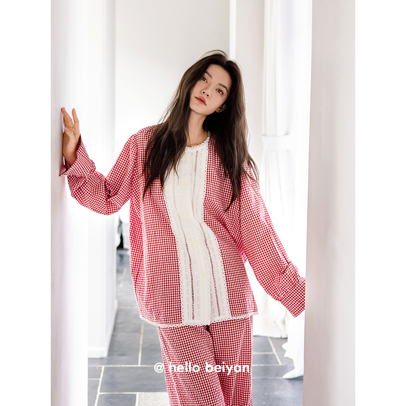 贝妍女春秋款柔软棉长袖格子睡衣