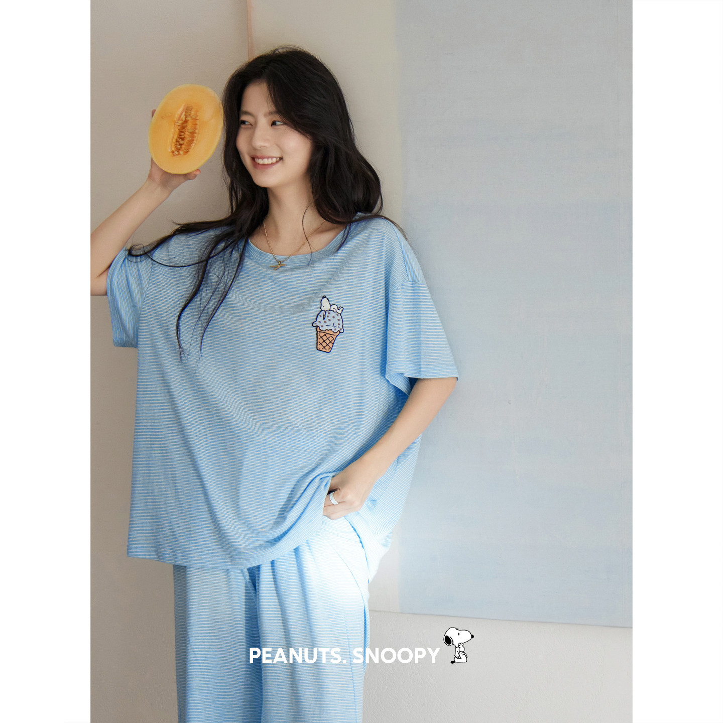 贝妍史努比睡衣女士夏季薄款短袖条纹家居服慵懒宽松大码凉感套装
