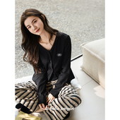 家居服套装 贝妍莫代尔棉睡衣女春秋性感V领气质显瘦长袖 条纹长裤