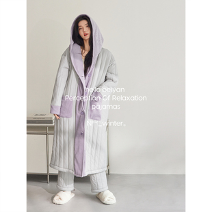 连帽睡袍套装 加厚保暖三层夹棉睡衣女冬季 beiyan_香芋奶霜 hello