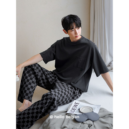 贝妍夏季男薄款纯棉短袖长裤睡衣