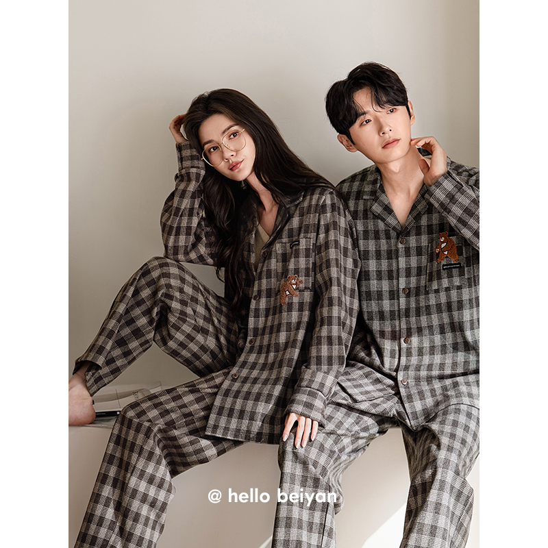 贝妍春秋柔软棉长袖格子情侣睡衣