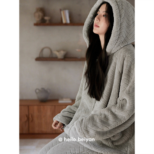 贝妍珊瑚绒睡衣女款冬季加厚法兰绒慵懒家居服可外穿加绒保暖套装