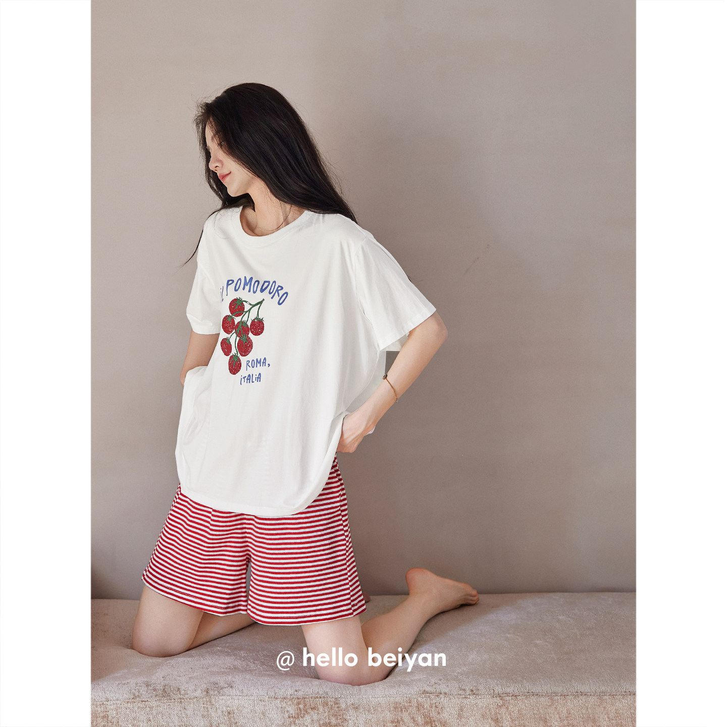 贝妍凉感睡衣女夏薄款圆领短袖条纹短裤家居服甜美少女可外穿套装