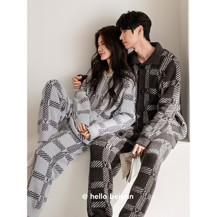 贝妍珊瑚绒情侣睡衣女秋冬保暖半边绒慵懒家居服男大码可外穿套装