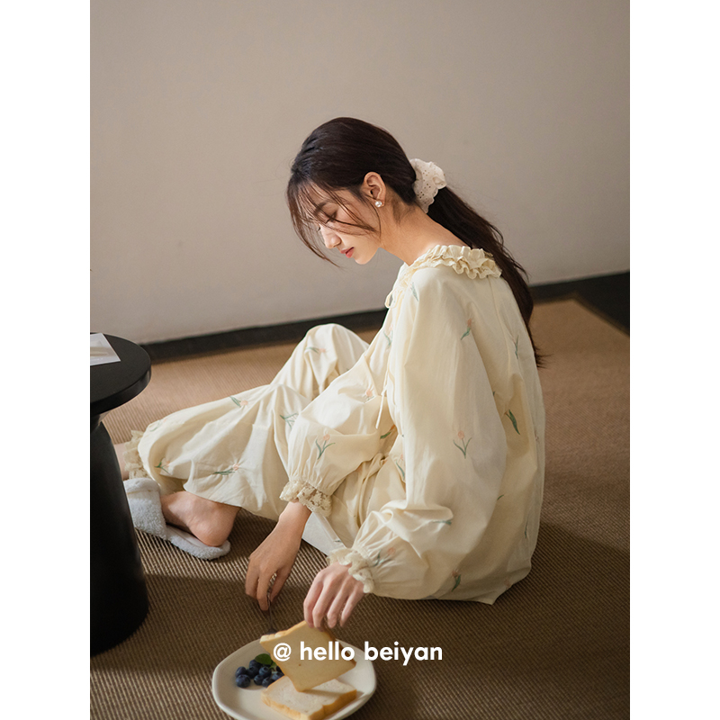贝妍女春秋甜美清新大码长袖睡衣