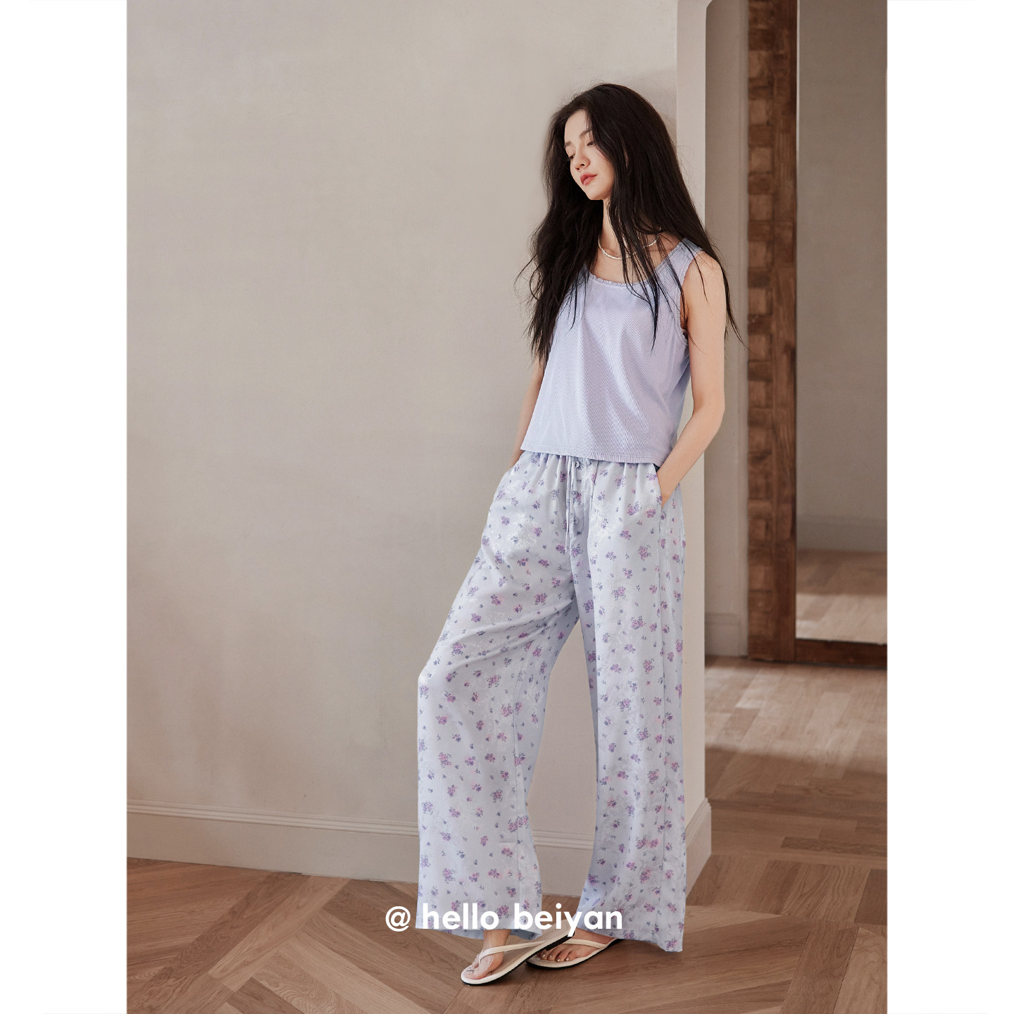 贝妍浪漫浅紫色睡衣女夏薄款无袖长裤家居服甜美温柔少女背心套装