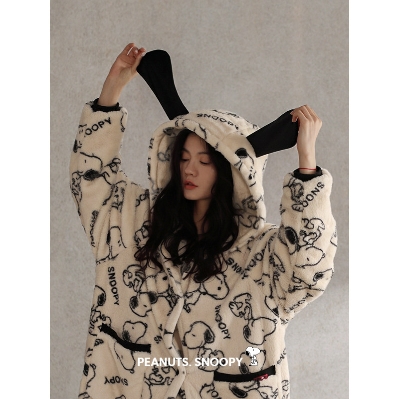 贝妍史努比睡衣女秋冬季加厚珊瑚绒睡袍套装连帽保暖法兰绒家居服