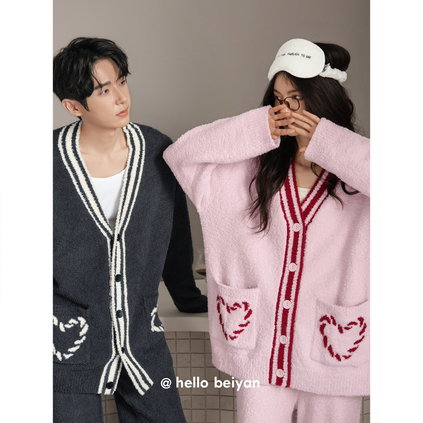 贝妍新婚情侣睡衣女款冬季开衫保暖半边绒套装男大码珊瑚绒家居服