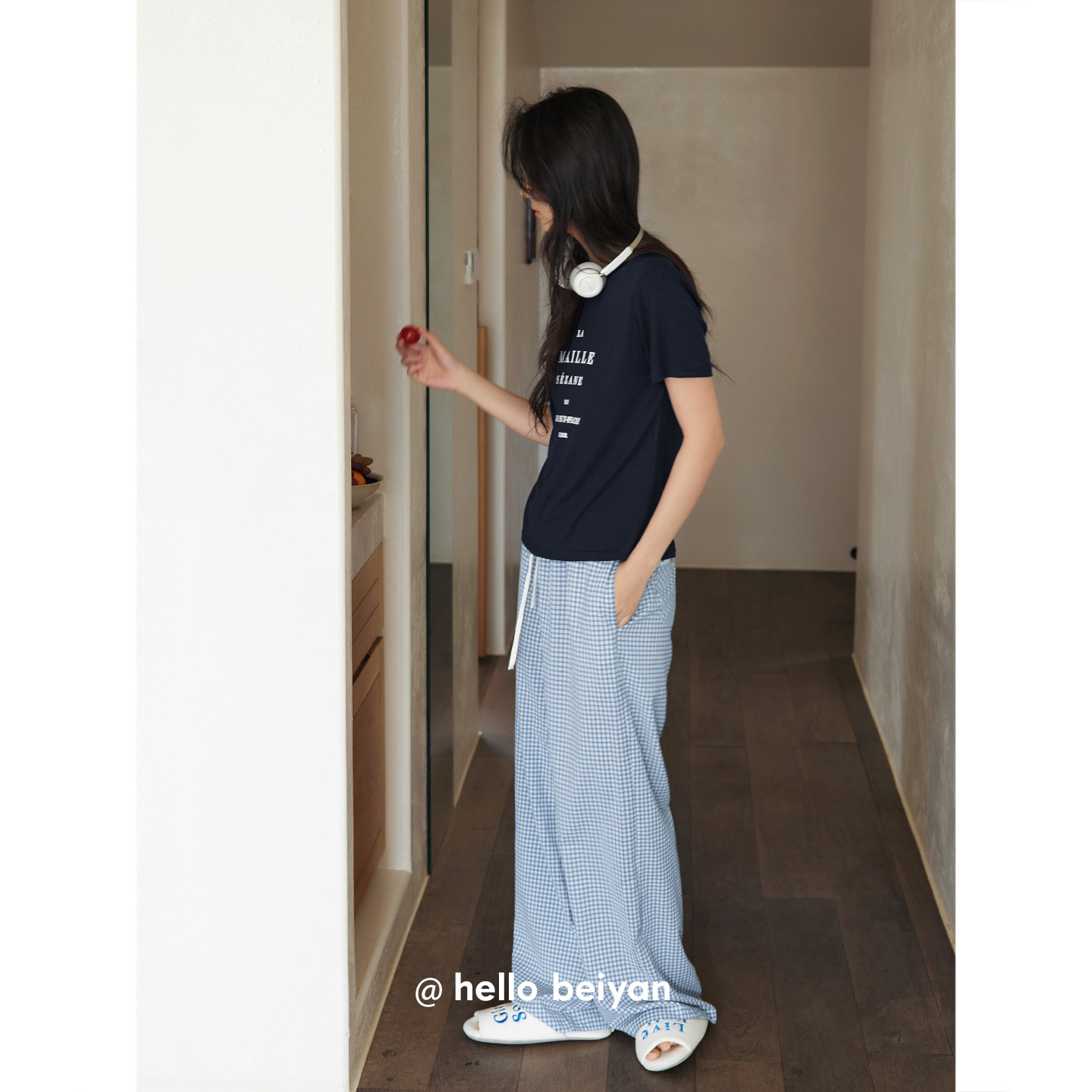 贝妍睡衣女夏季薄款时尚修身短袖格子阔腿长裤套装少女显瘦家居服