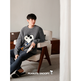 男士 保暖半边绒史努比家居服套装 珊瑚绒睡衣时尚 男式 大码 贝妍冬季
