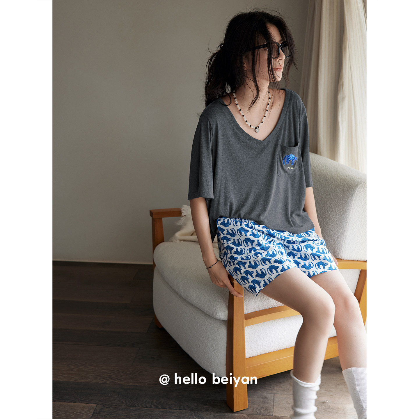 贝妍睡衣女夏季薄款V领短袖短裤大码套装慵懒宽松少女休闲家居服