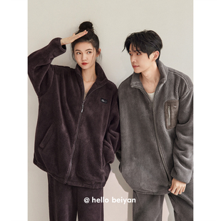 贝妍珊瑚绒情侣睡衣女款冬季加厚加绒家居服男士外穿保暖大码套装