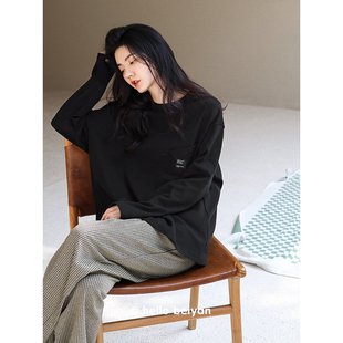 贝妍睡衣女春秋柔软棉长袖 黑色家居服慵懒宽松大码 可外穿少女套装