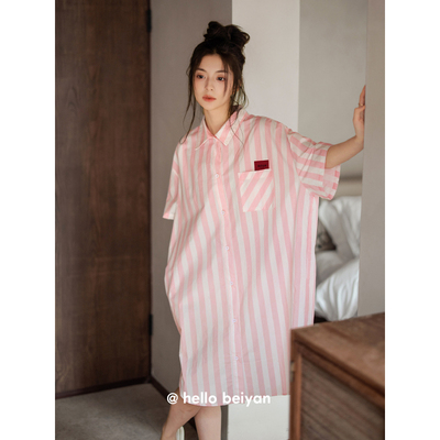 贝妍女夏纯棉短袖可外穿条纹睡裙