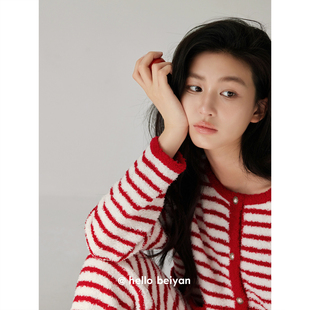 贝妍珊瑚绒睡衣女款冬季新款本命年开衫家居服保暖半边绒条纹套装