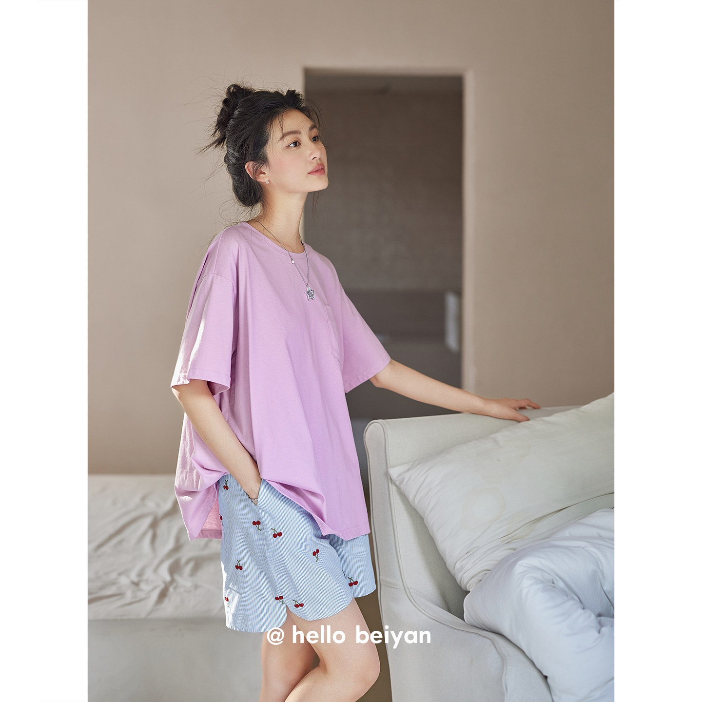 贝妍新款睡衣女夏季凉感圆领短袖条纹短袖套装慵懒宽松少女家居服