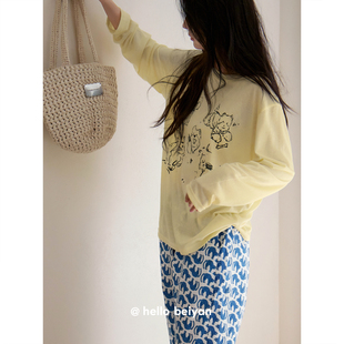 贝妍新款睡衣女春秋柔软莫代尔棉长袖家居服可爱少女宽松大码套装