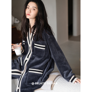 贝妍冬季 加厚双层复合珊瑚绒情侣睡衣女开衫 保暖家居服男大码 套装