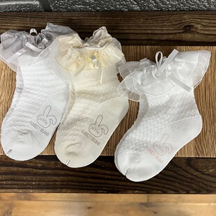 Yikatu伊卡兔袜子春夏款新款珠光色小兔子印花边儿蕾丝女童袜9033