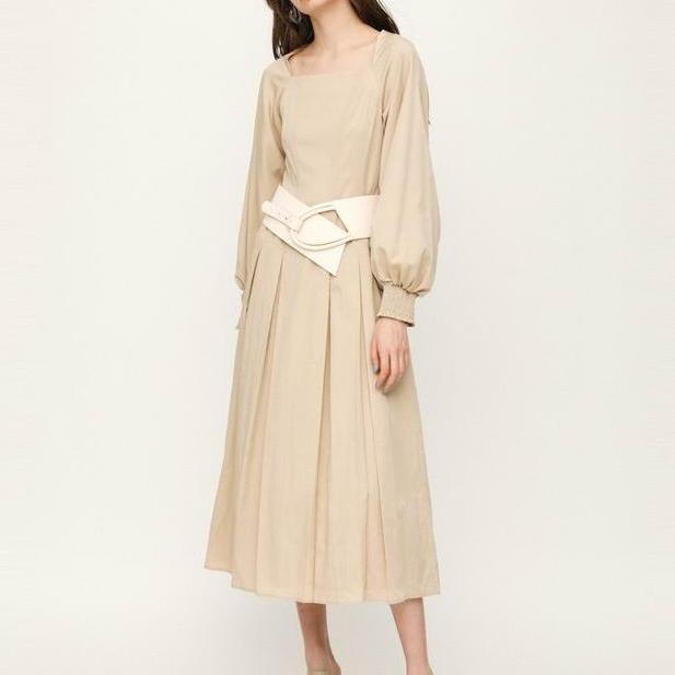 法式优雅纯色高腰连衣裙