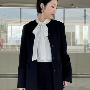 251037日单女装M@L@春秋季纯色无领长袖西装外套通勤OL休闲百搭