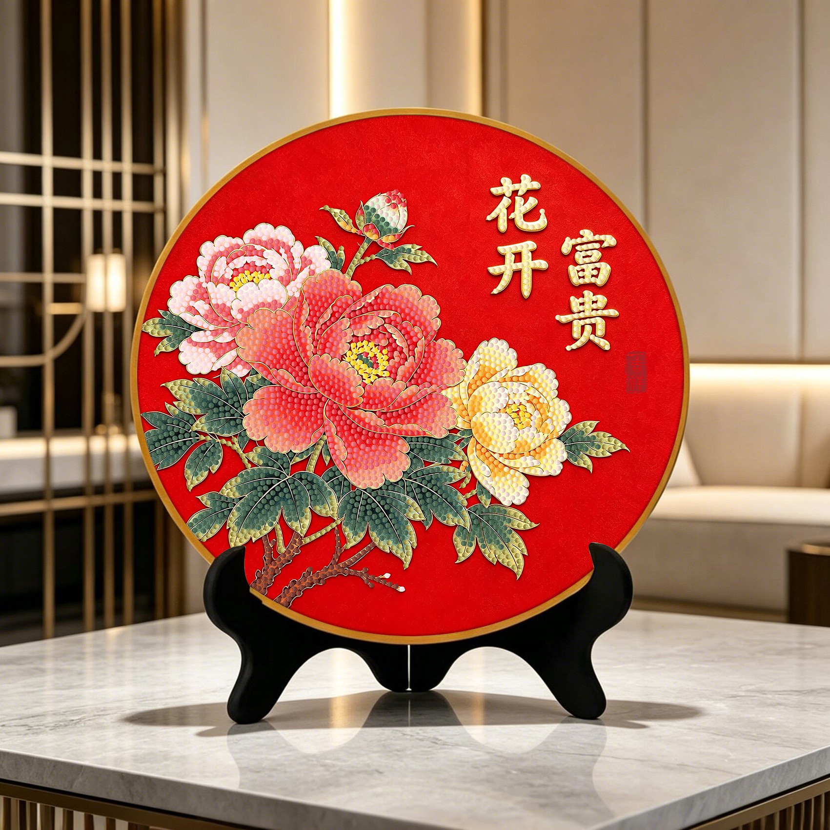 花开富贵带框钻石绣刺绣摆件客厅财神DIY手工中国风点钻砖石画
