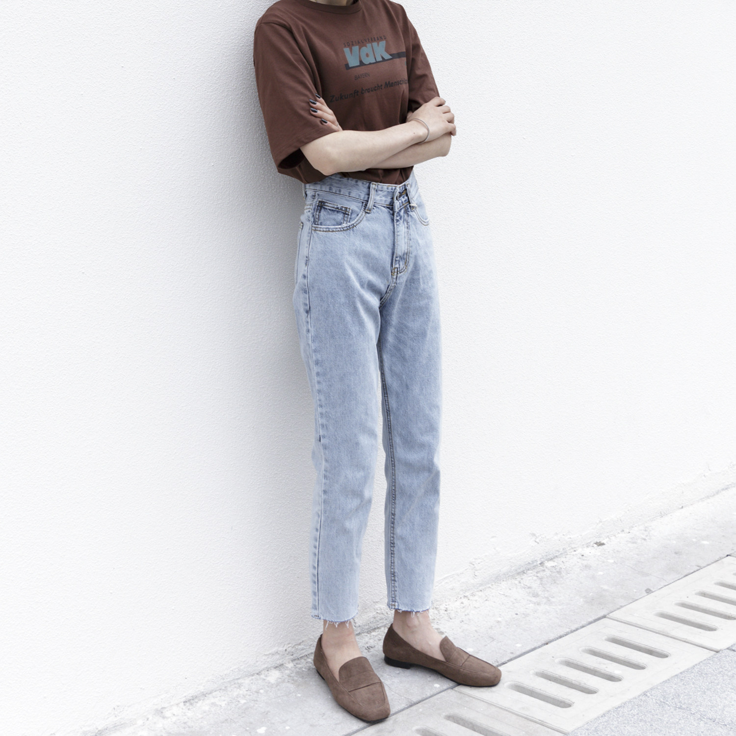 jeans house正品19ss春季浅色小脚细腿锥型直筒裤毛边牛仔裤