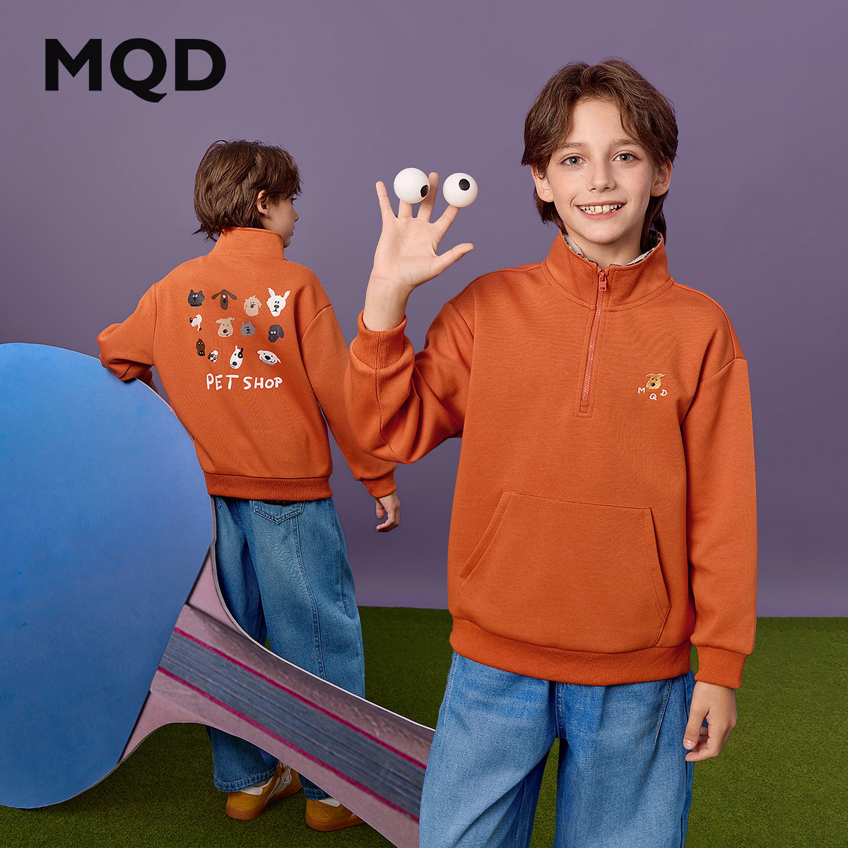 MQD马骑顿童装男童半开襟卫衣秋款儿童字母学院运动卡通印花上衣图片
