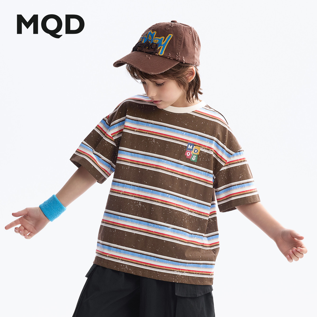MQD童装男童纯棉短袖T恤2025夏装新款儿童宽松条纹短袖中大童