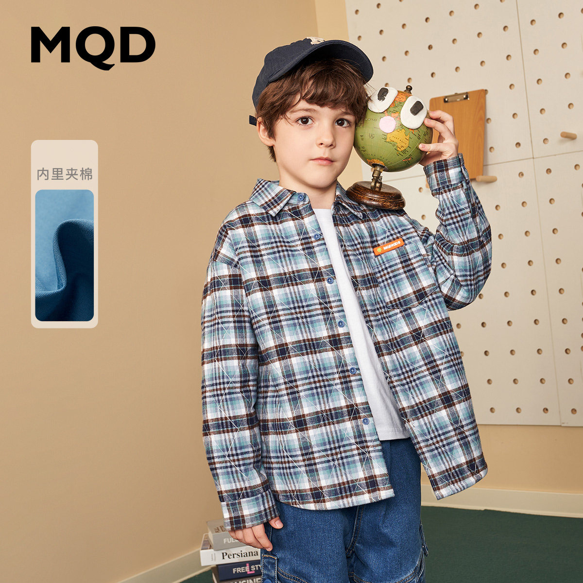 MQD童装男童衬衫夹棉加厚格纹冬儿童毛巾绣保暖上衣外套