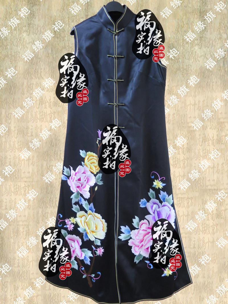 重磅真丝绣花黑色绝代大A摆长旗袍马甲裙 复古风衣外套福缘定做