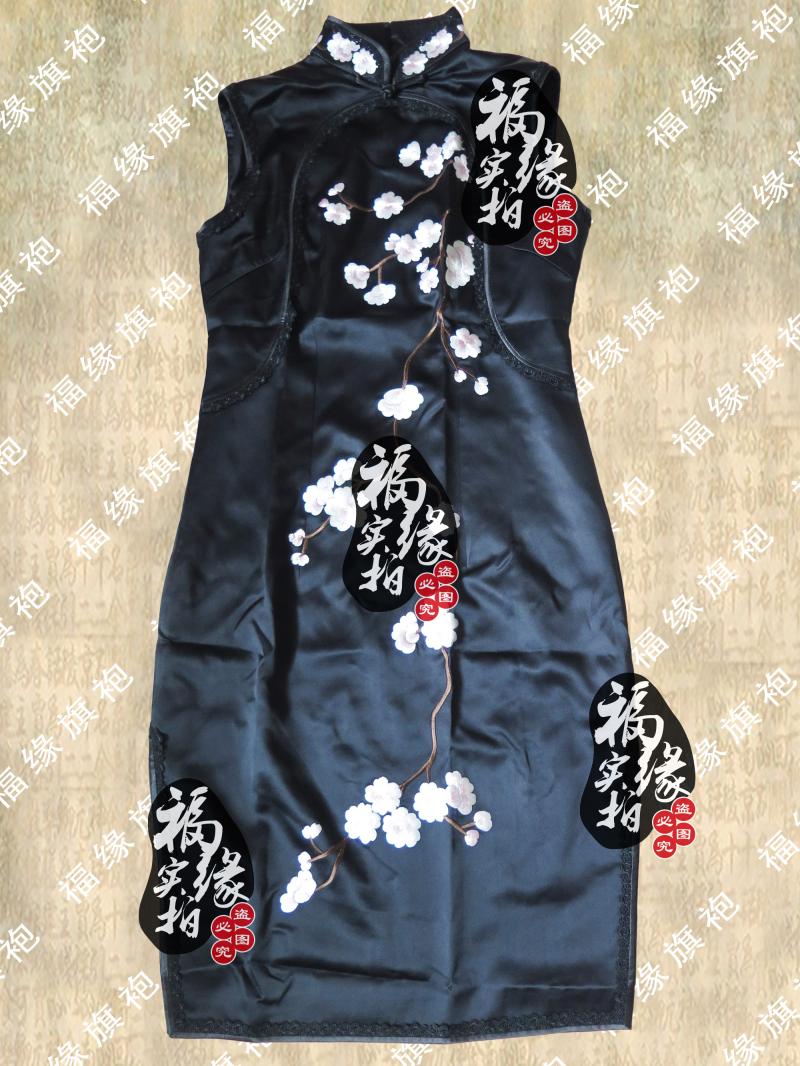 高端定制 重磅真丝黑底粉梅花边 手工扣定做 复古日常修身旗袍