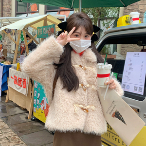 牛角扣毛毛外套女秋冬韩版2023秋冬装新款羊羔毛宽松环保皮草外套