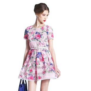 奈昕个性化私人定制 1592新款网格镂空印花dressA字修身短袖连衣