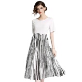 化私人订制 34056 纯色拼接条纹中长款 奈昕个性 171cm夏短袖 连衣裙